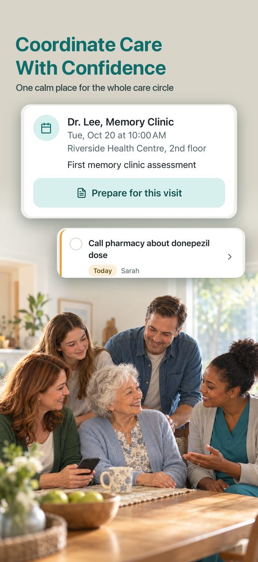 Fernhand on iPhone: a family gathered around Mom, with the app's Today screen showing the next appointment and tasks