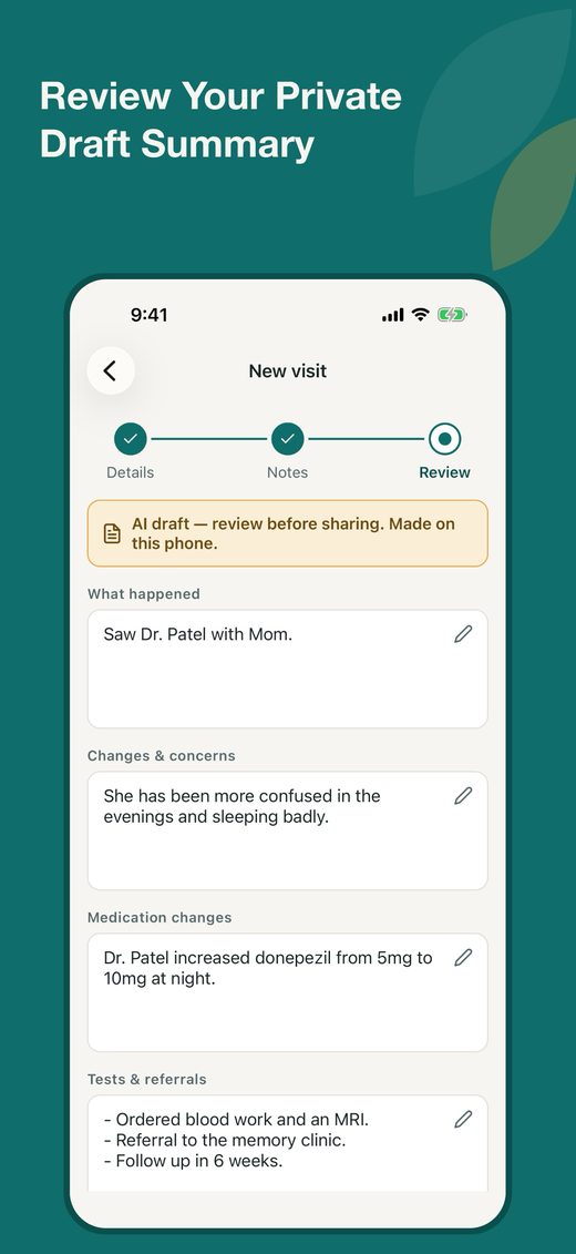 Review your private draft summary: what happened, changes, medication changes, tests and referrals